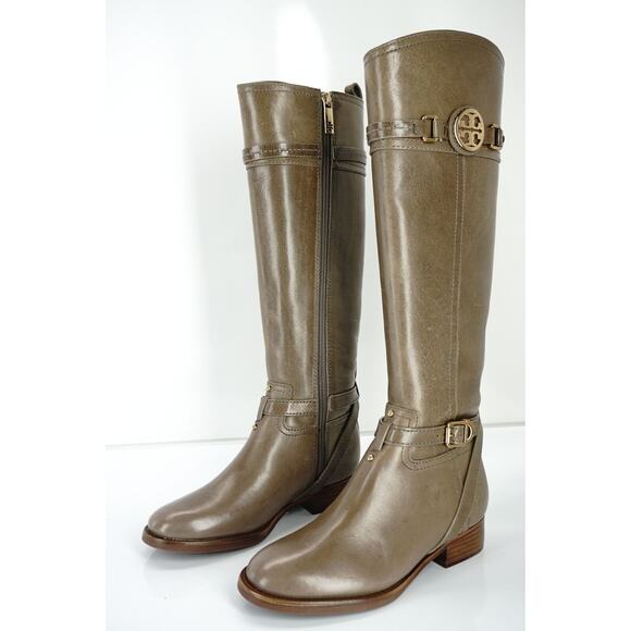 Tory Burch Calista Taupe Leather Logo Belt Knee Riding Boots New - Picture 5 of 10
